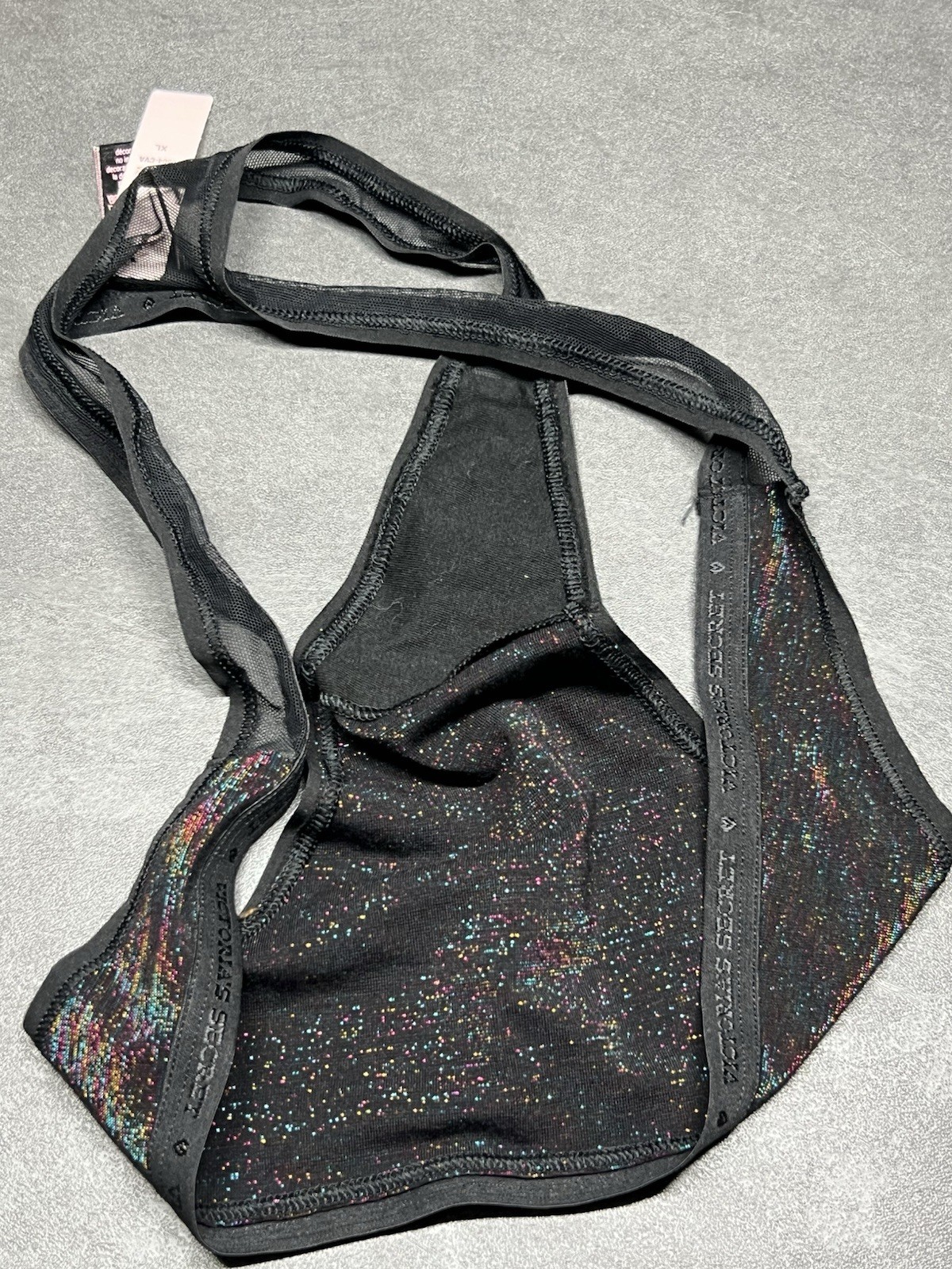 VICTORIAS SECRET COTTON SIGNATURE LOGO TRIM THONG PANTY BLACK STARDUST GLITTER