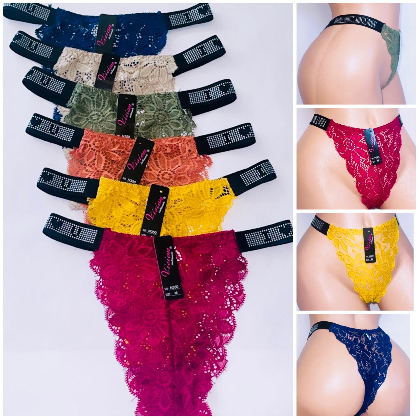 6Pack Women Waist Rhinstone Lingerie Briefs Thongs Underwear Panties Knickers LG
