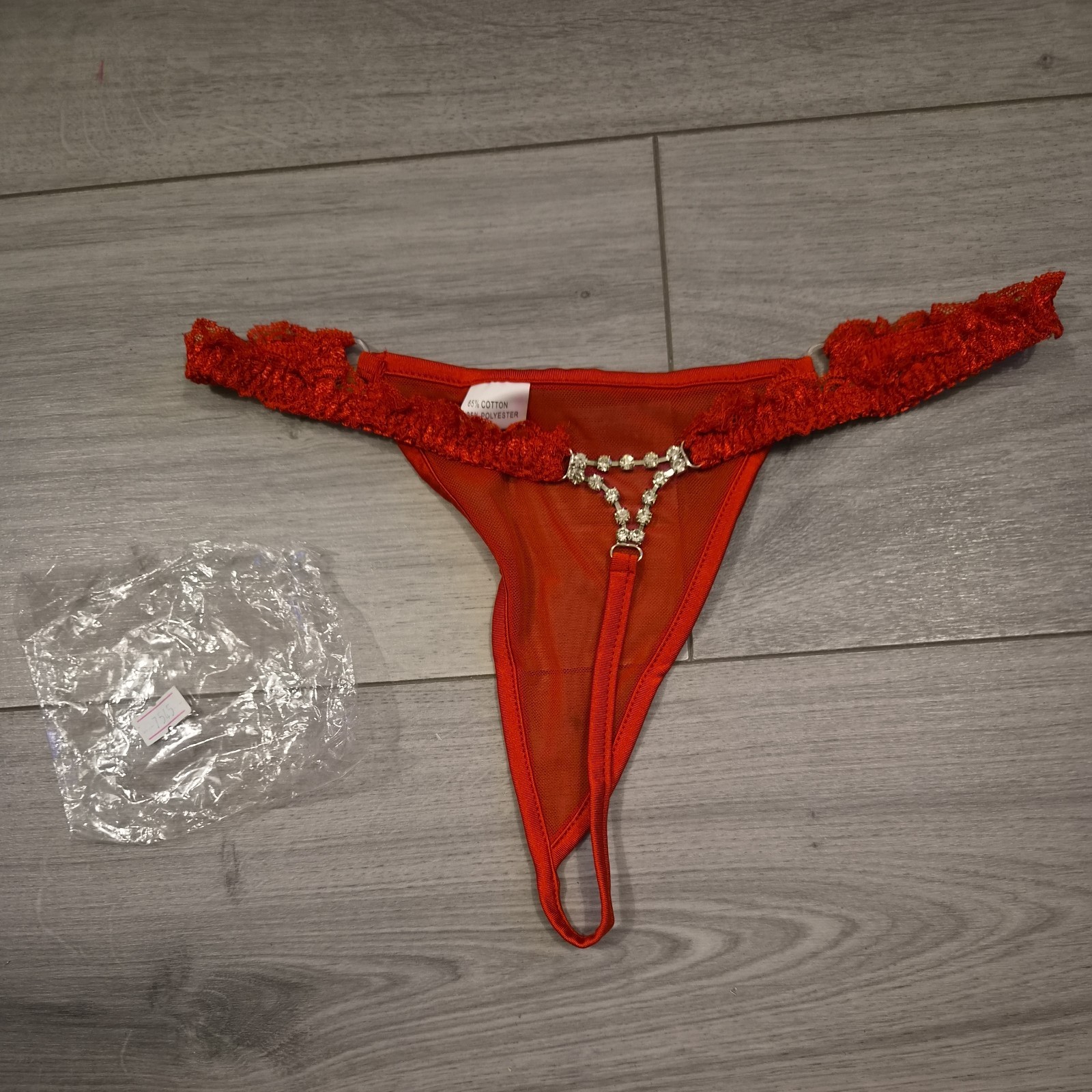 BNWT Sheer Red Satin Mesh & Lace Diamante Back Thong Size 8-10