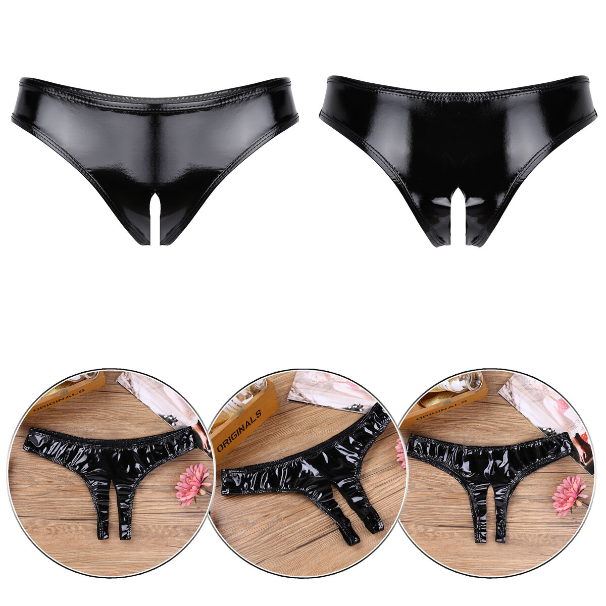 US Women Shiny Metallic Breifs Wet Look Open Crotch Underwear High Cut Knickers