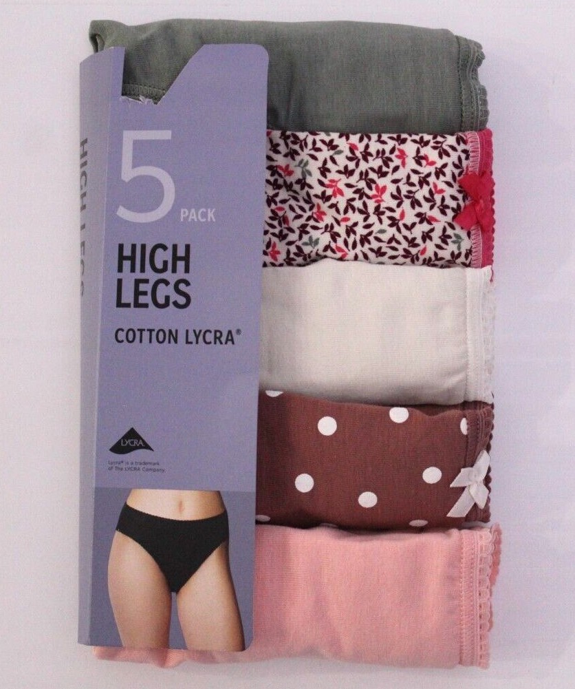 Ex M & S Ladies 5 Pack Cotton Lycra High Legs Briefs Knickers ~ Sizes 10 to 22