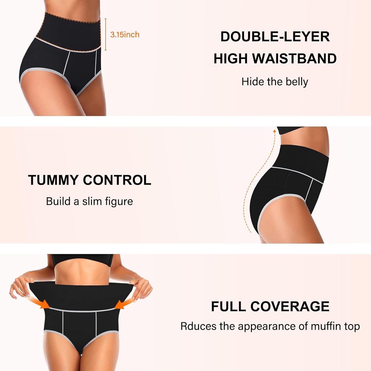 5Pcs Womens High Waisted Cotton No Muffin Top Full Coverage Soft Stretch Panties