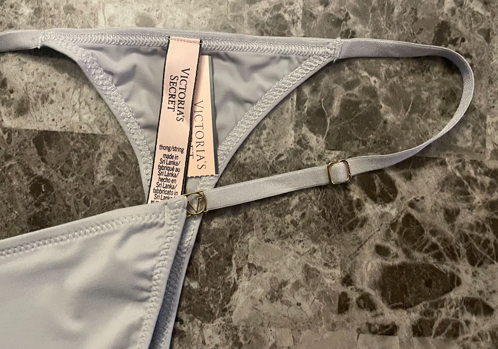 NWT VICTORIA’S SECRET LIGHT GRAY SMOOTH SOFT GOLD ADJUSTABLE STRAP THONG PANTIES