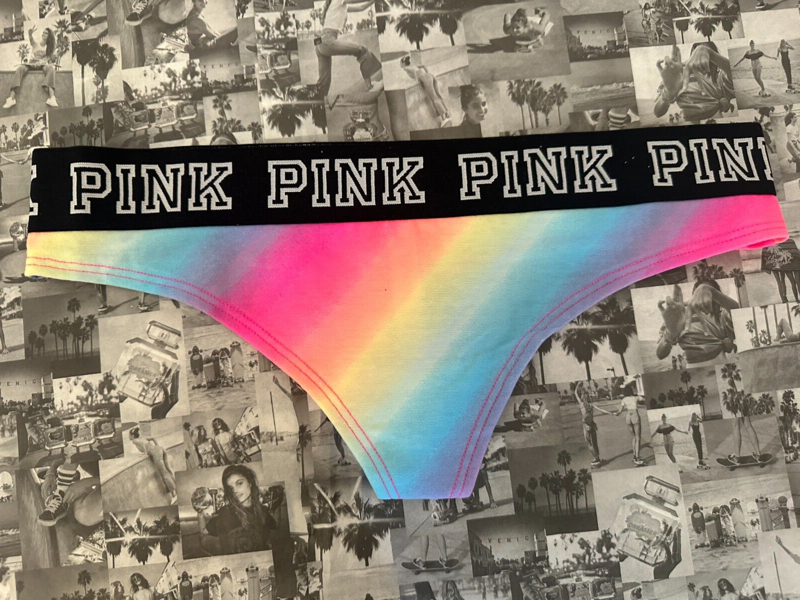 NWT Victoria’s Secret PINK Block Elastic Logo Thong Panty Rainbow Gradient Small