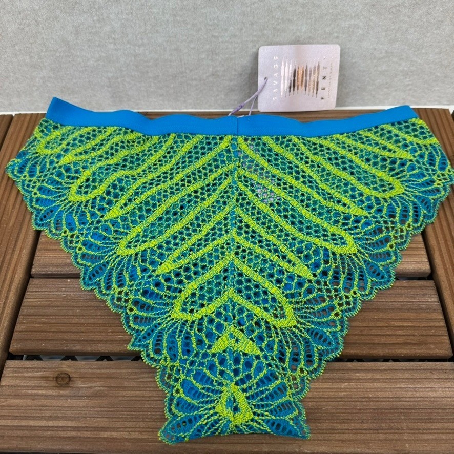 NEW Savage X Fenty Lace Bikini Panty Size Medium Teal Neon Green Mesh Low Rise