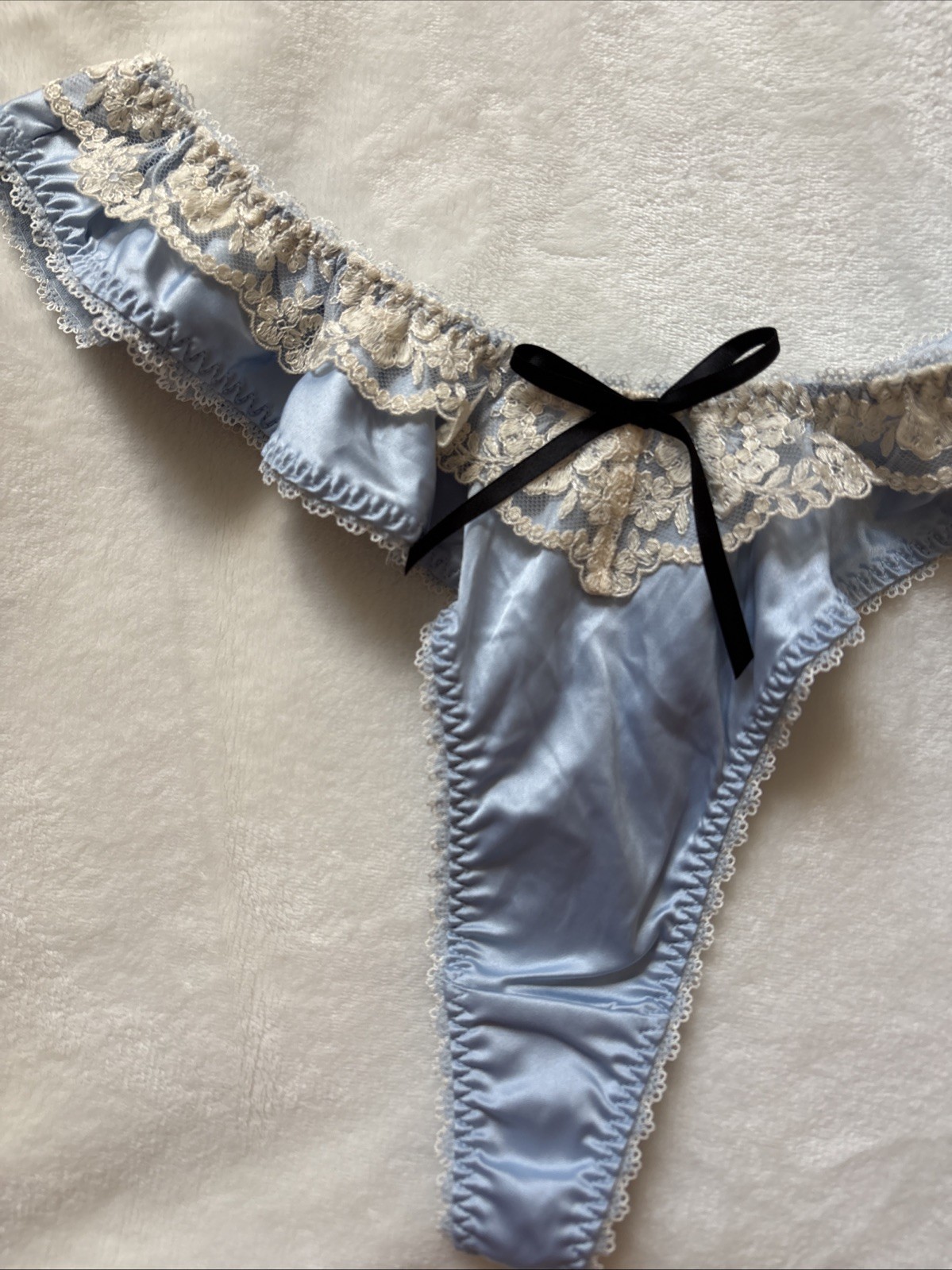 For Love & Lemons Panties Thong Panty Blue Satin Cream Lace Black Bow Medium M