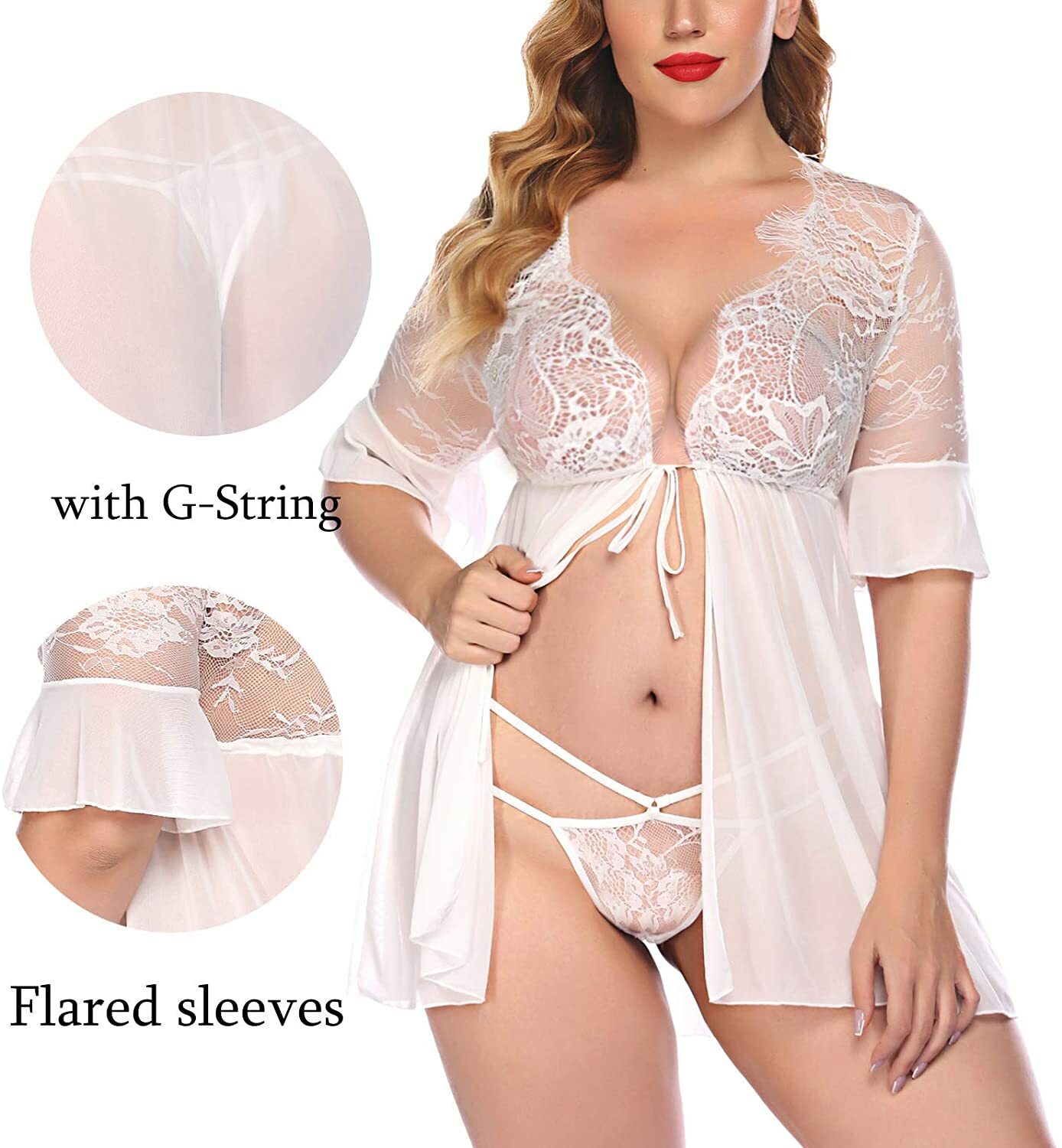 Plus Size Women Sexy Babydoll Lingerie Deep V Floral Lace Chemise Sleepwear US