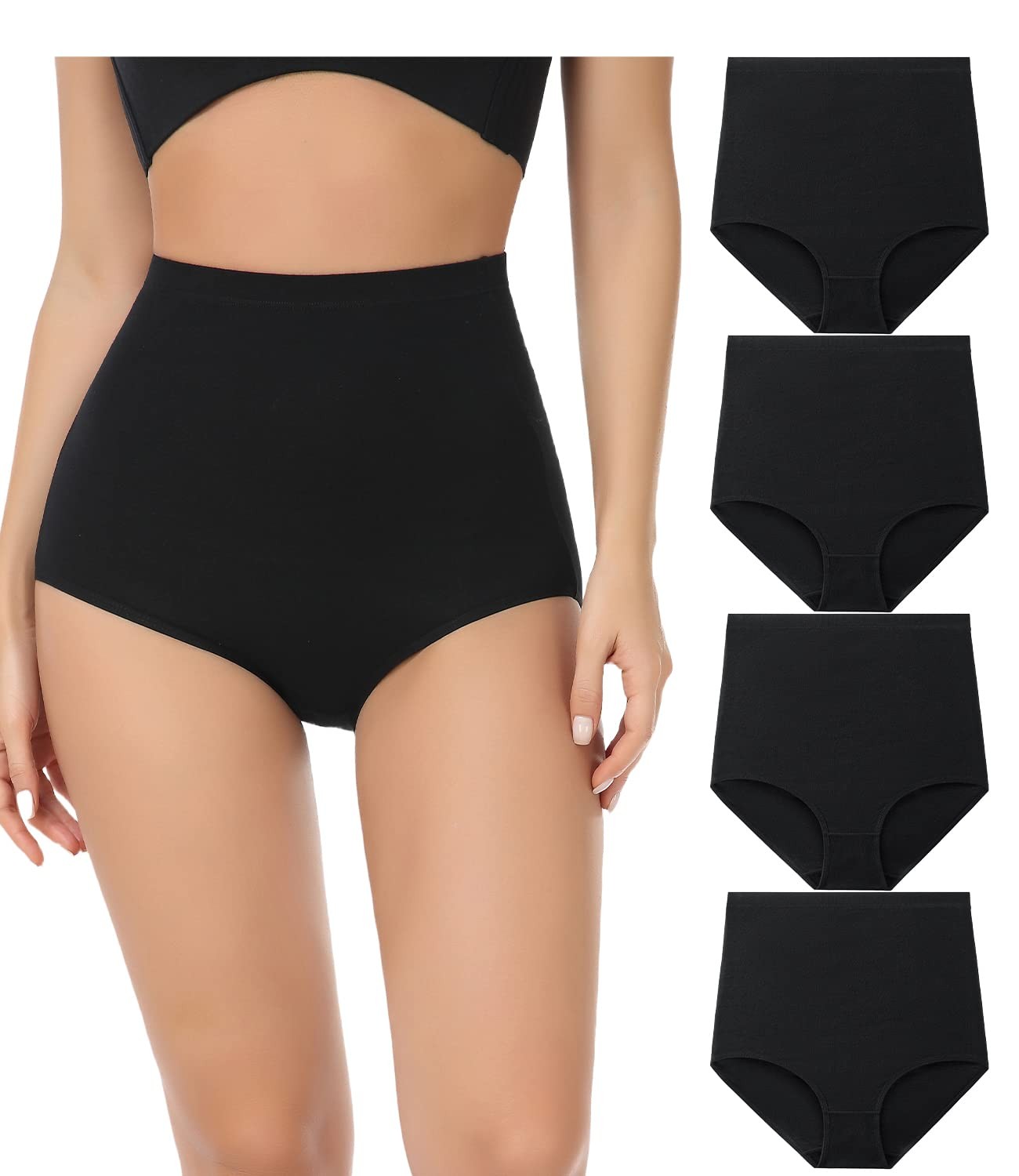 wirarpa Women’s Cotton Super High Waisted Brief Panties 4-Pack Black Large