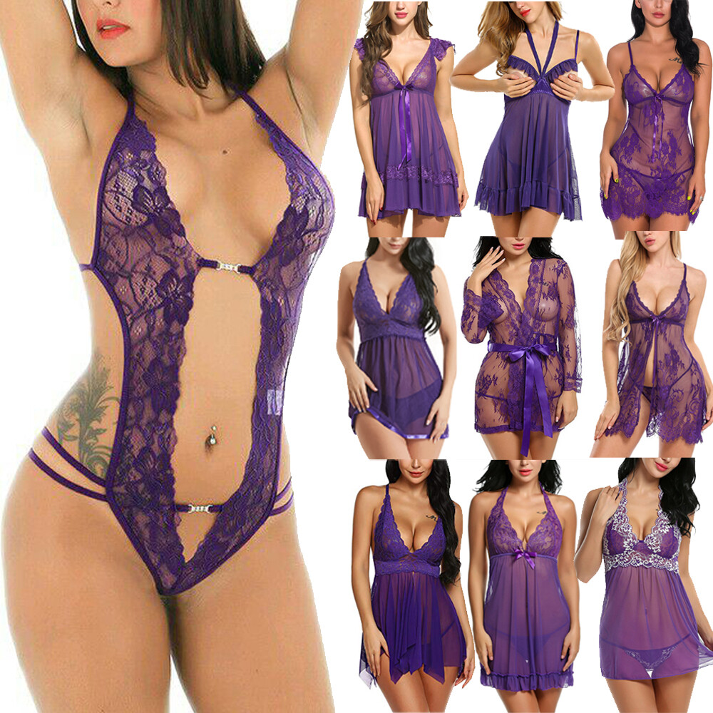 Lot Women Sexy Lingerie Dress G-string Underwear Purple Babydoll Nightwear Set