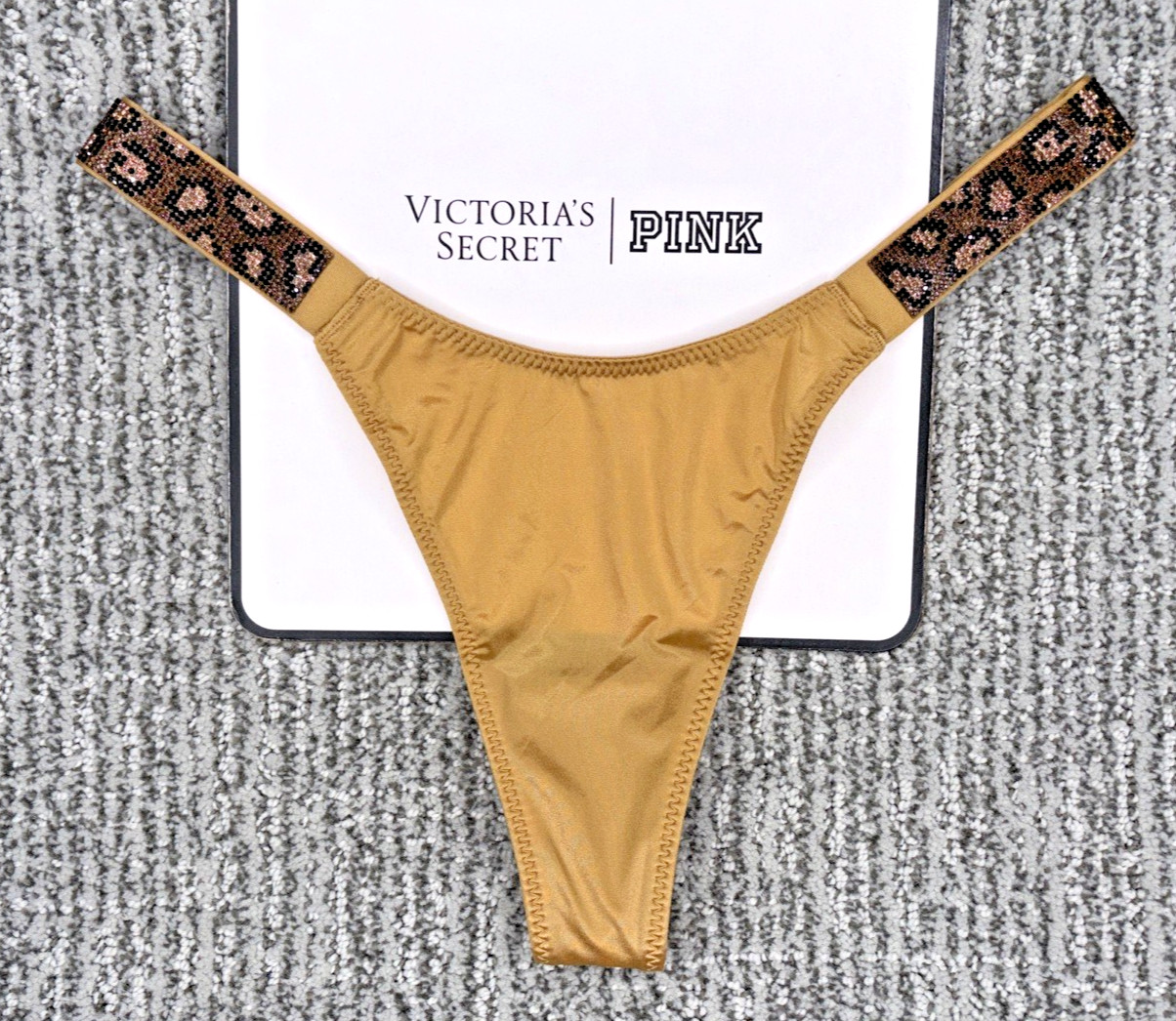 Victorias Secret Very Sexy NWT Medium Gold Leopard Shine Strap Thong Panty Bling