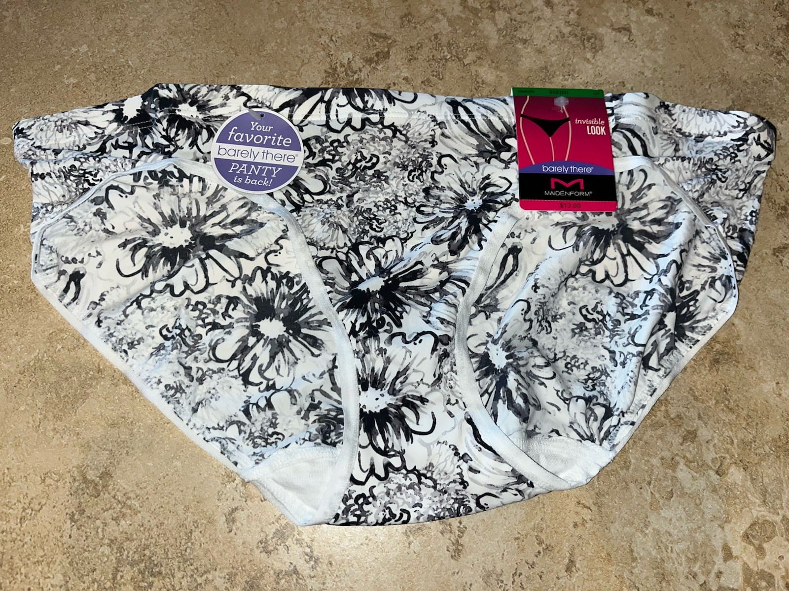 NWT Maidenform Invisible Look BARELY THERE Black Floral Bikini Panty Large 7