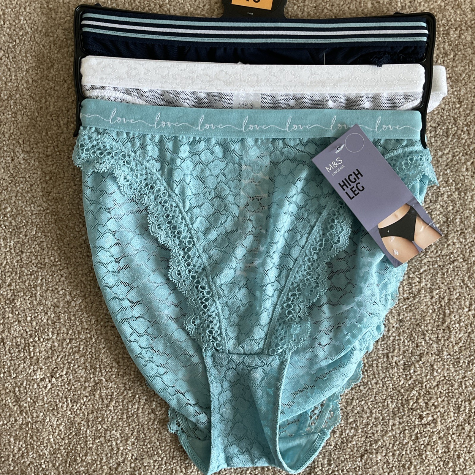 RRP £14 M&S 3 Pack Size 10 Ladies Love High Leg Knickers Turquoise Lace Mesh