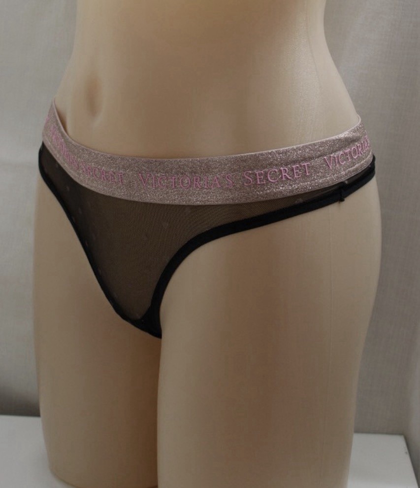 Victoria’s Secret Black Polyester Mesh Pink Glitter Band Thong Panties Sz XL New