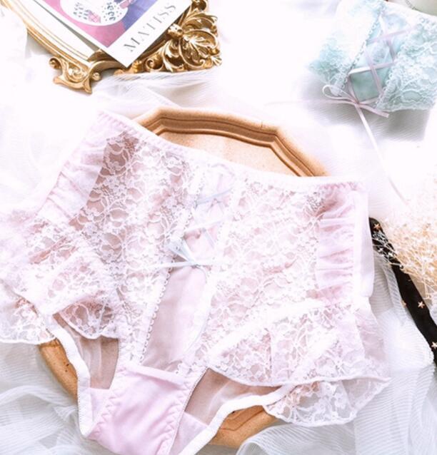 Sexy Ruffles High Waist Briefs Womens Lace Sheer Panties Breathable Underpants
