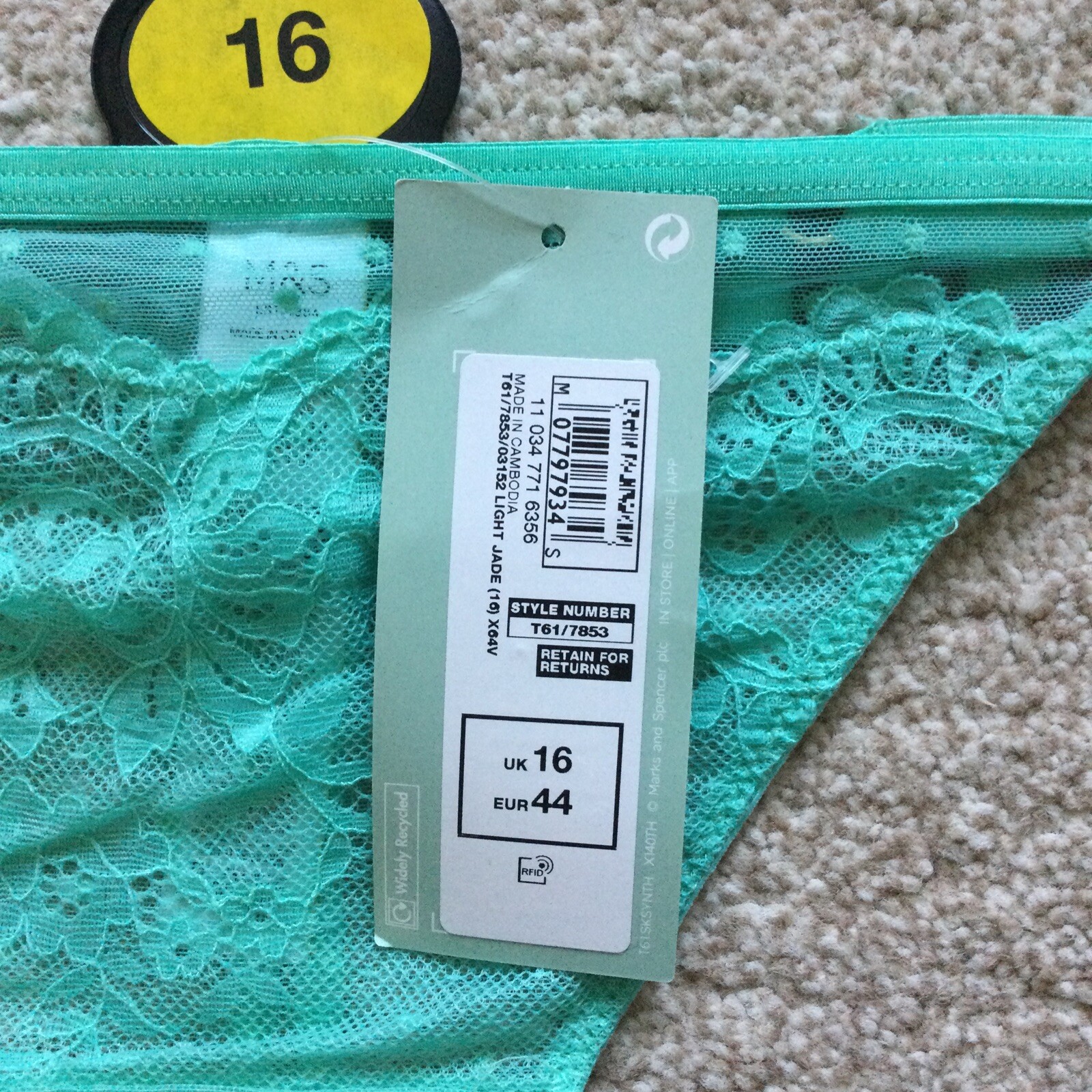 M&S Size 16 Ladies Lace Mesh Thong Knickers Light Jade Green Gold Ring Detail