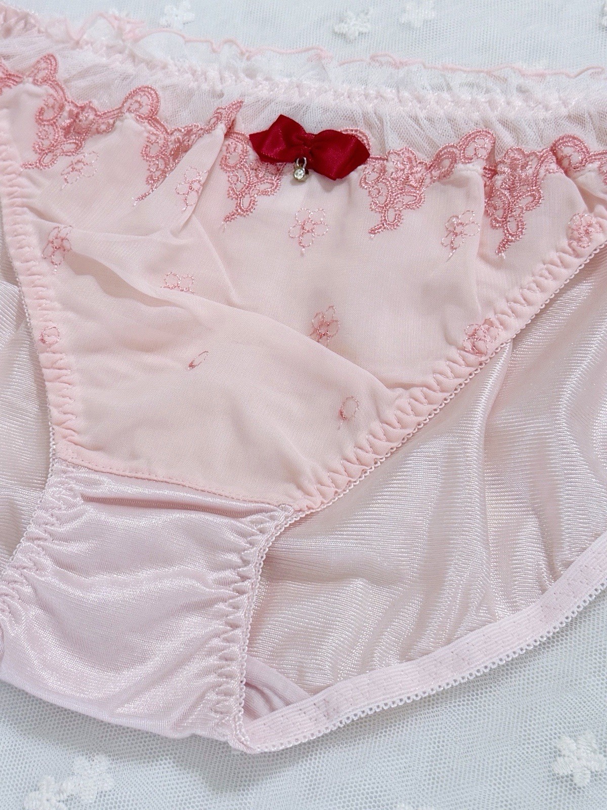 US-L/JP-4L Japanese Cute Bow Embroidery Glossy Smooth Tricot Nylon Panties Pink