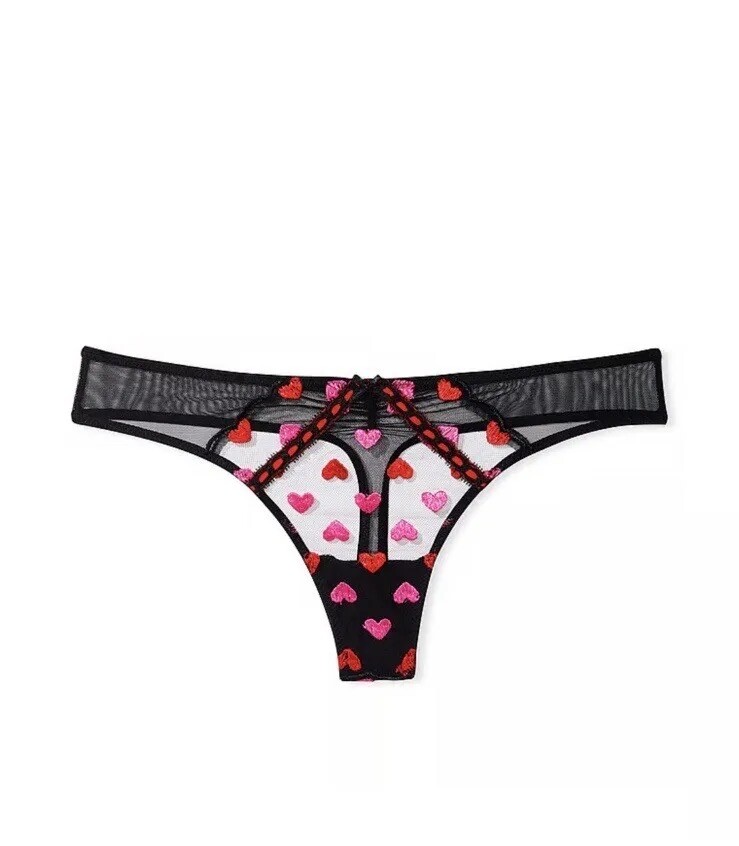 NEW Victria’s Secret Dream Angels Heart Embroidery Thong Panty Black Red Heart M
