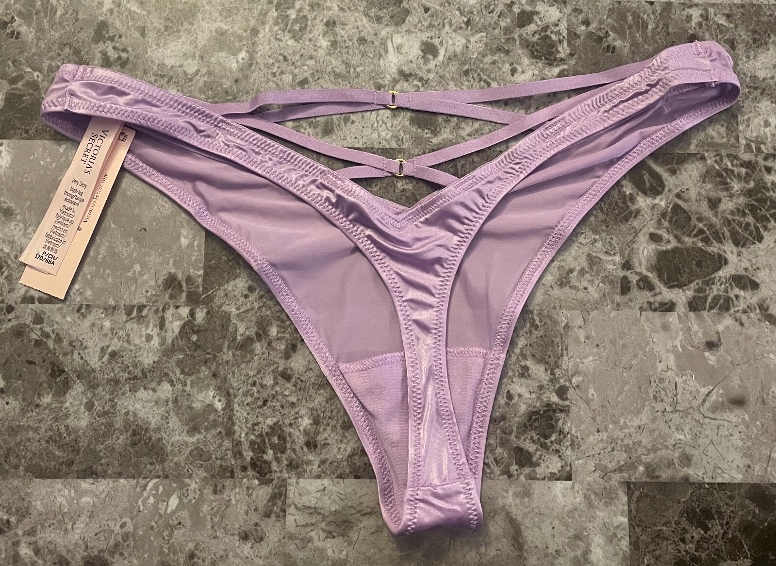 NWT VICTORIA’S SECRET LAVENDER SATIN SMOOTH STRAPPY BACK HIGH LEG THONG PANTIES