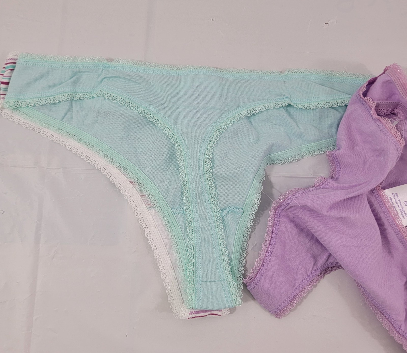 Secret Treasures Women’s 3 Pack Cotton Blend Lace Trim Thong Panties – Small