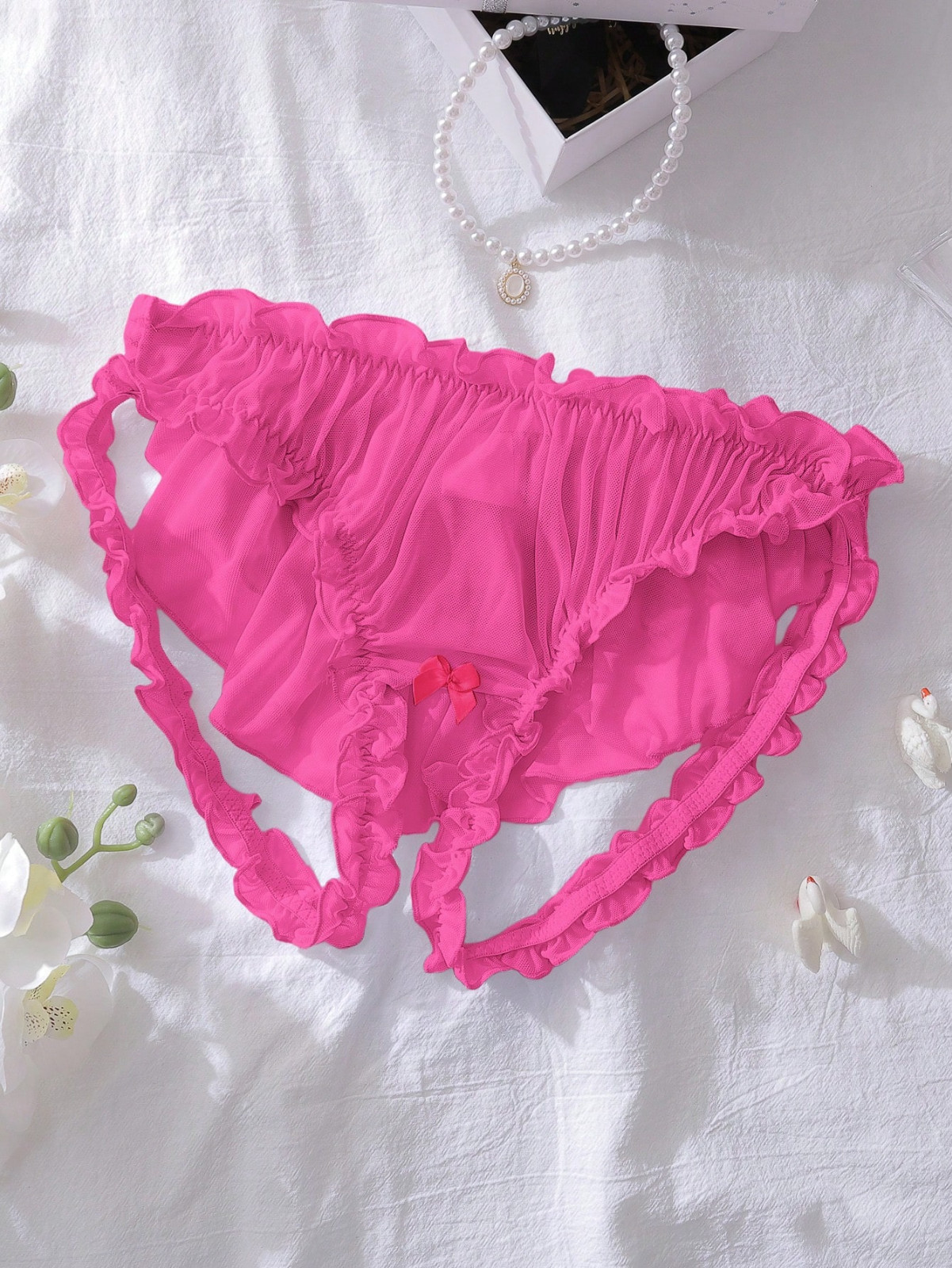 Women’s Pink Open Back Backless Lingerie Ruffle Sissy Frilly Bikini Panties