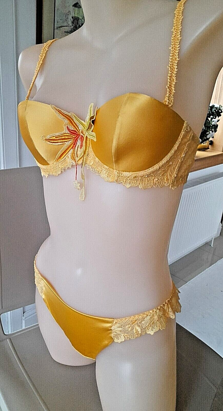 Ravage Yellow Equateur Satin/Embroidered Mesh TRIGONE Thong XS