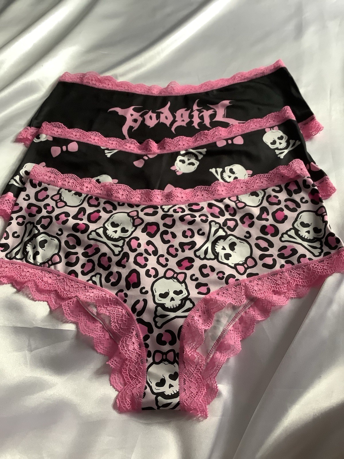 Women’s Teens Goth Punk Skulls Leopard Briefs Panty Pink Black White 3Pcs. XL