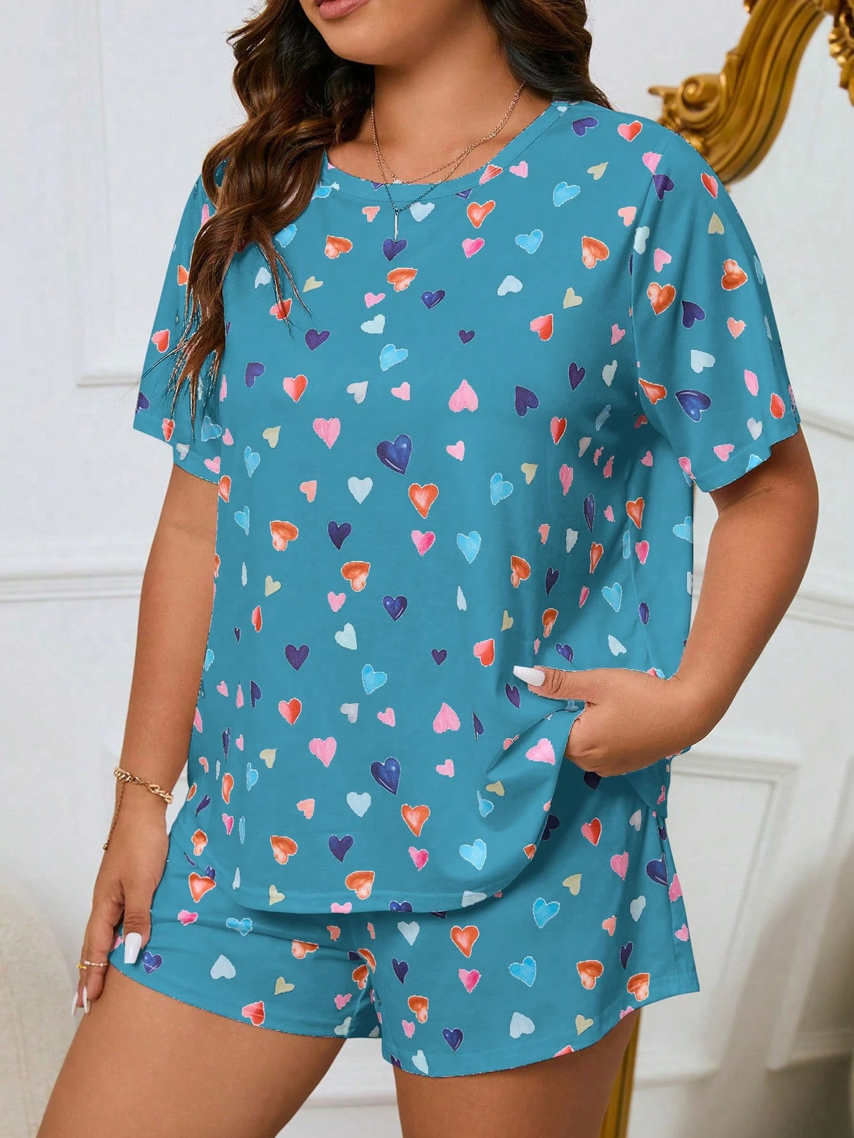 Comfortable pyjamas in large sizes with heart pattern short sleeve T shirt cheap24