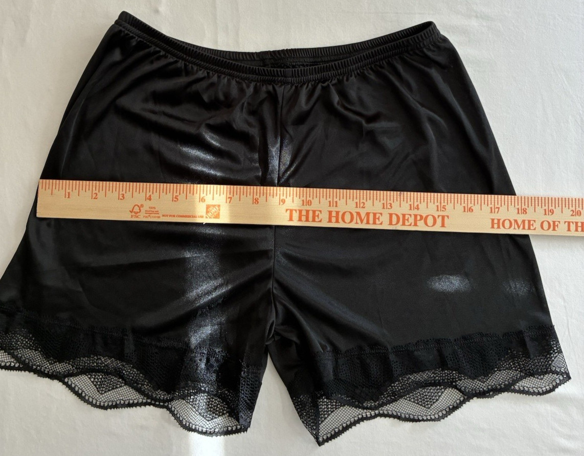 New Women Black Medium French Knicker Shiny Faux Satin Lace Trim Wide Leg Shorts