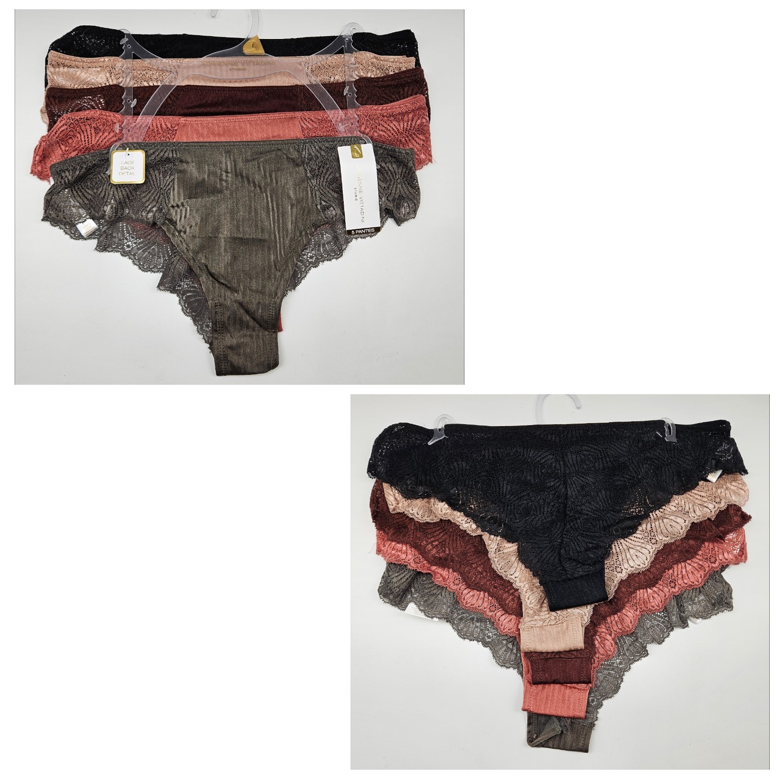ADRIENNE VITTADINI 5 Pk Womens Large Satin Lace Panties Black Beige Maroon Brown