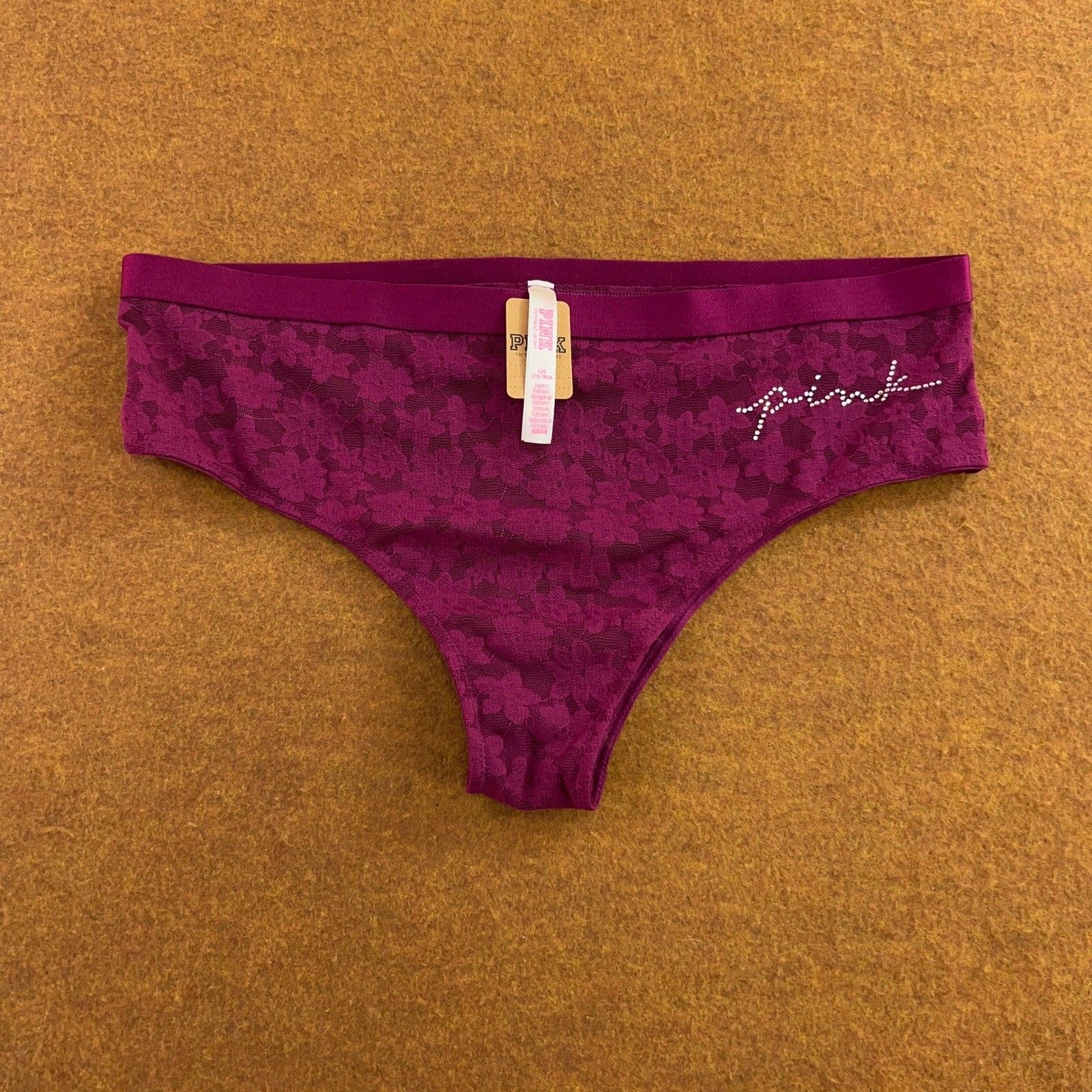 PINK Women Large Magenta Floral Lace Rhinestone Logo Thong Panty NWT