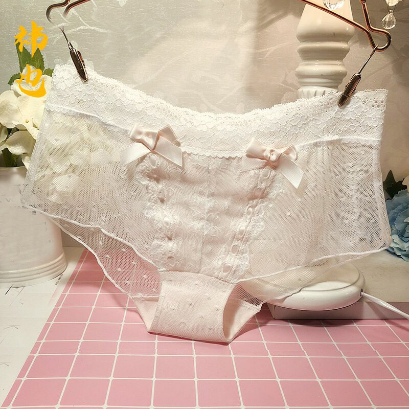 Japanese Sweet Girls Bow Underwear Briefs Womens Lace Panties Sheer Underpants