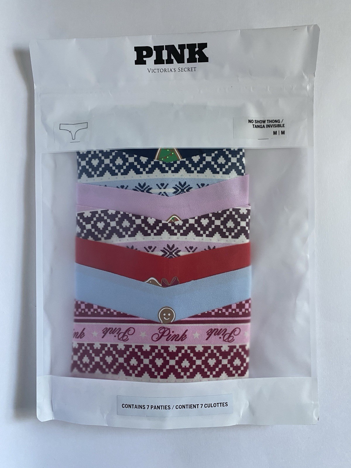 PINK No Show Thong Panties 7 Pack M Multicolor Christmas Fair Isle