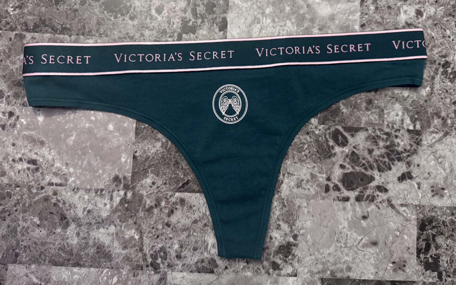 NWOT VICTORIA’S SECRET GREEN PINK ANGEL WINGS THICK LOGO WAISTBAND THONG PANTIES
