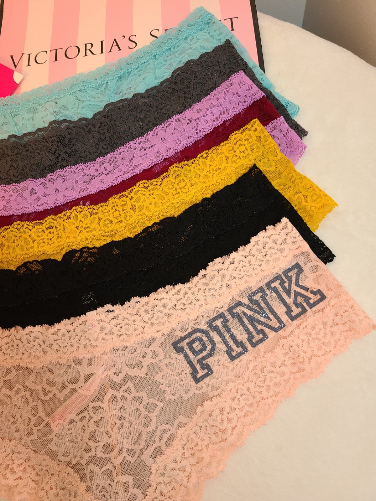 6pk VS PINK Everyday Lace Low Rise Cheeky Panties Size Lg Multicolor