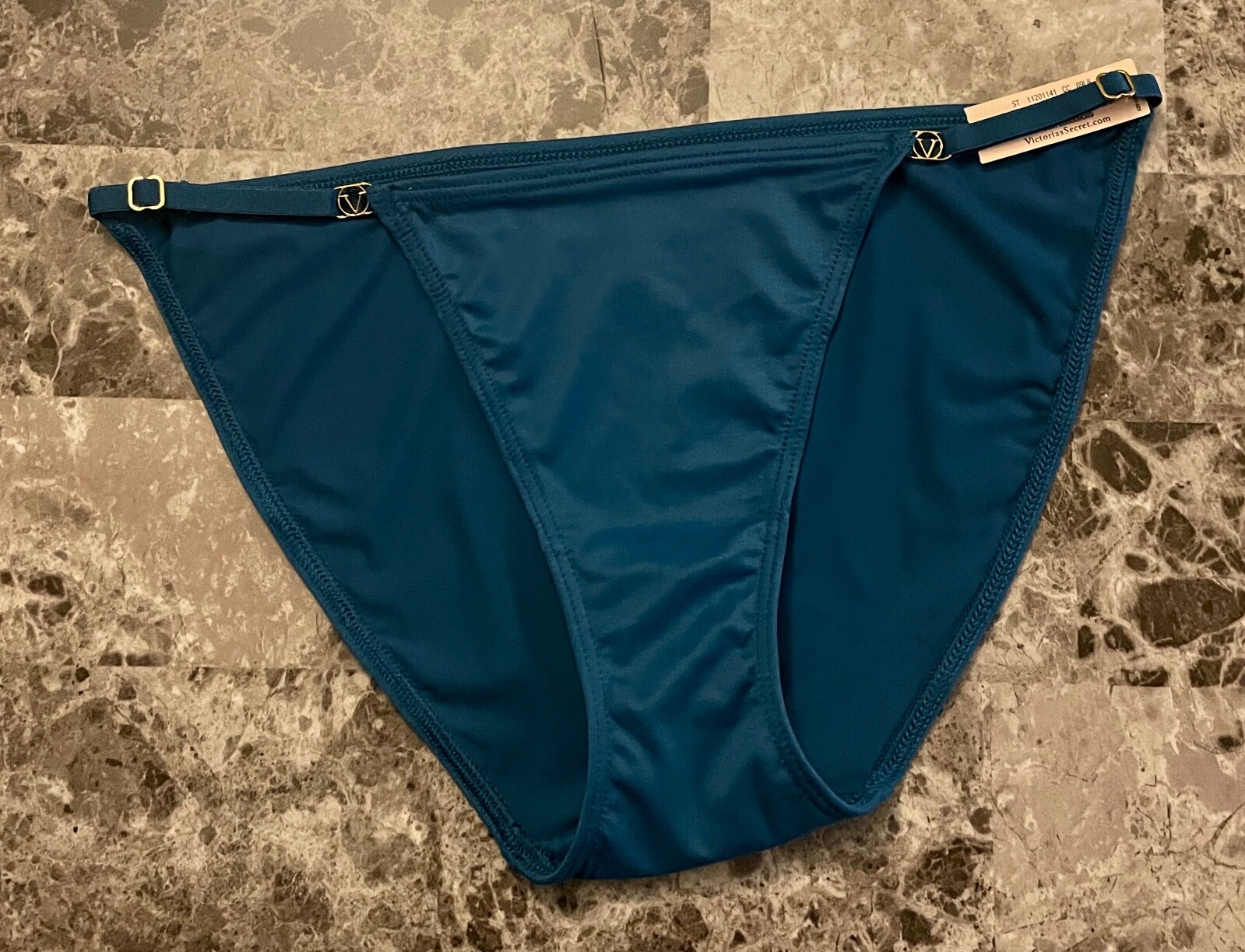 NWT VICTORIA’S SECRET BLUE SMOOTH GOLD ADJUSTABLE STRAP STRING BIKINI PANTIES