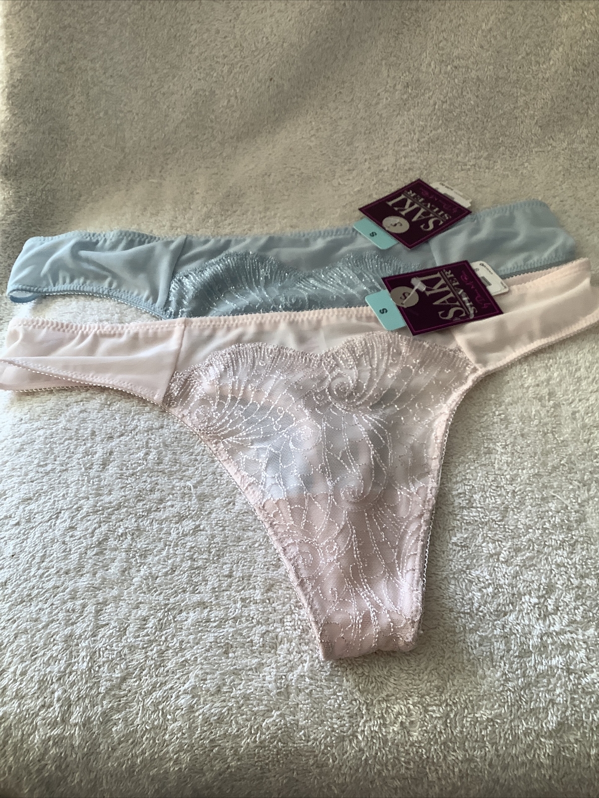 WOMENS PANTY SAKI SILVER STRING THONG NYLON MESH EMBROIDERY NWT
