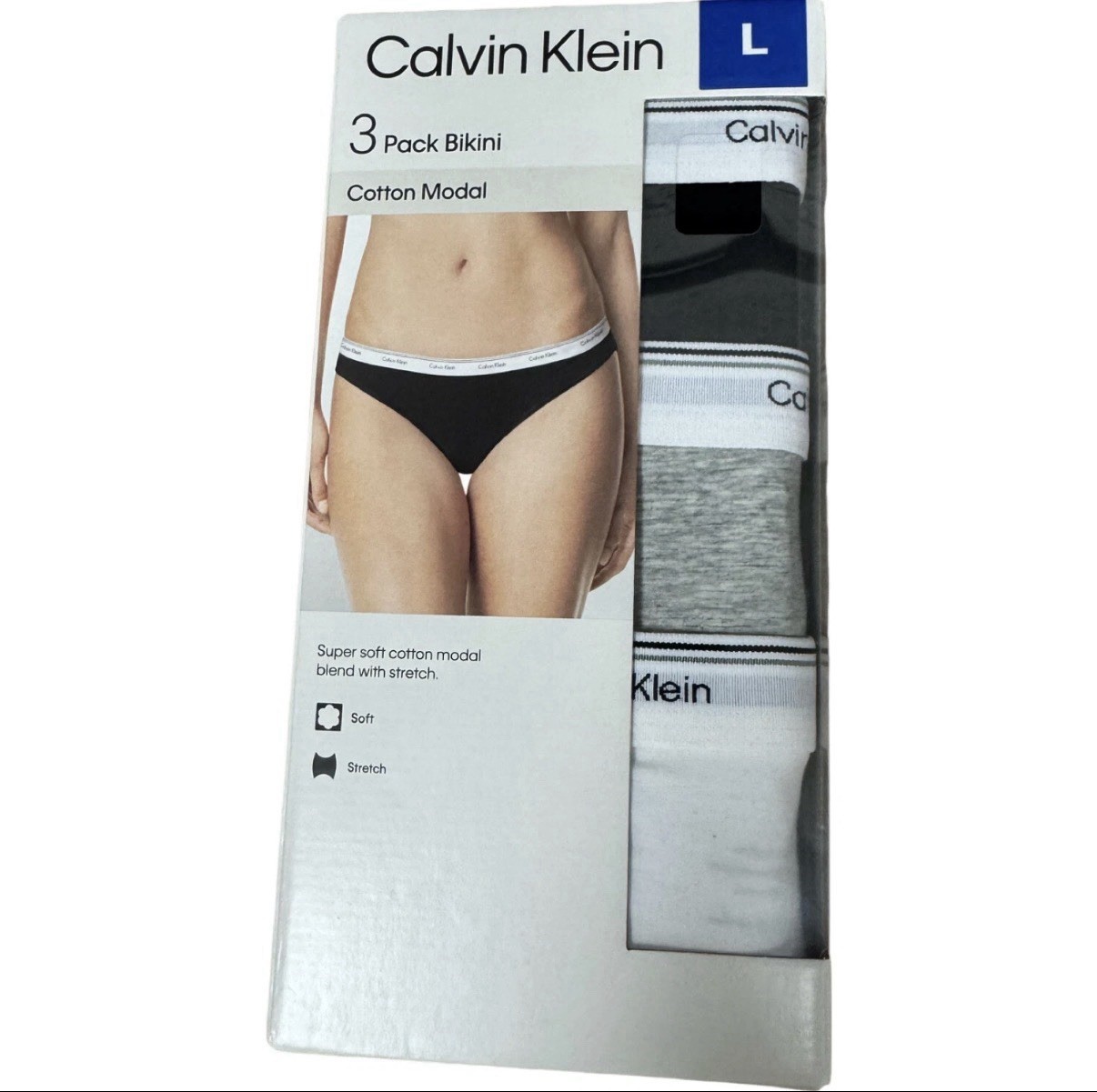 Calvin Klein Women’s Cotton Modal 3-Pack Bikini, Black/Gray/White, Size L