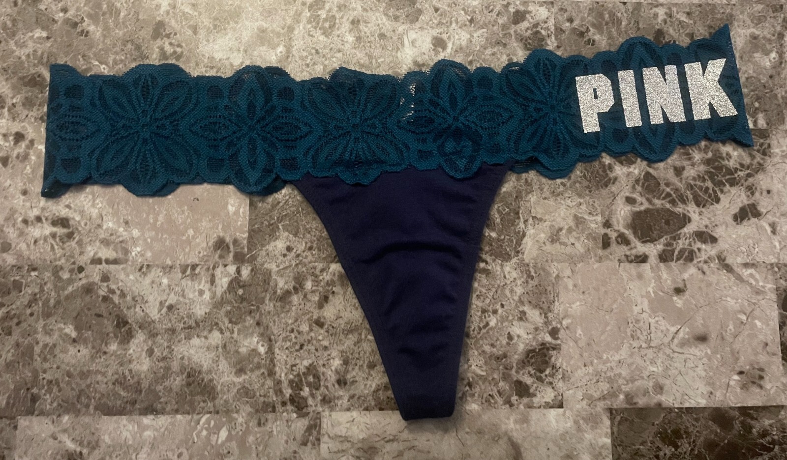 VICTORIA’S SECRET PINK M BLUE SILVER GLITTER LOGO FLORAL LACE RARE THONG PANTIES