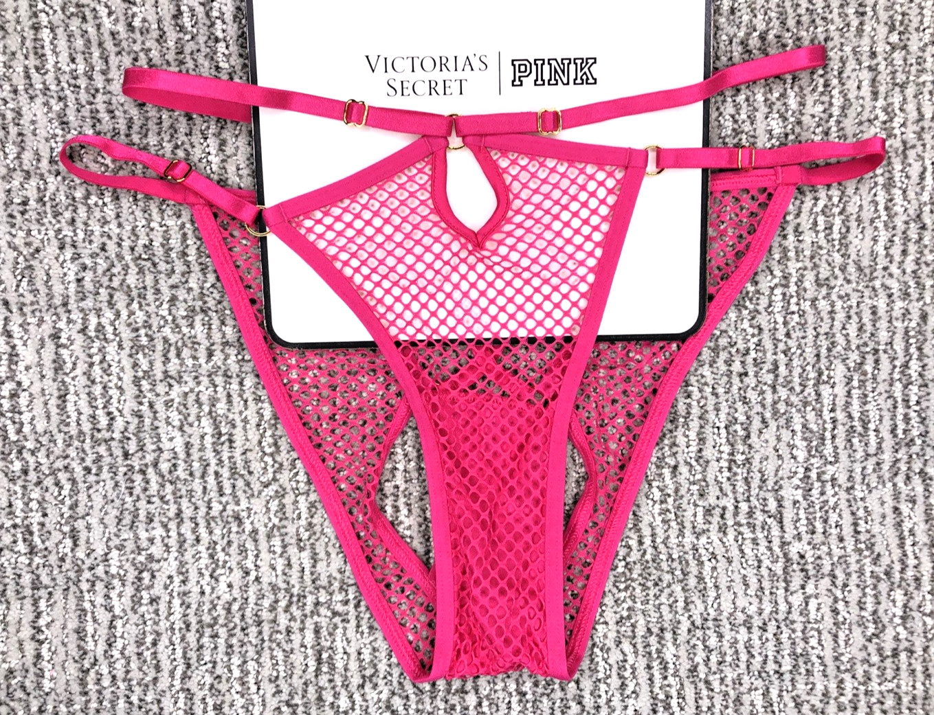 Victoria’s Secret NWT Medium Pink Fishnet String Cheeky Panty Open Back Lace Up