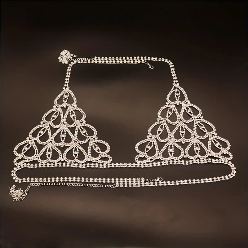 Bohemian Rhinestone Plaid Body Chest Chain Thong Jewelry Underwear Women Sexy