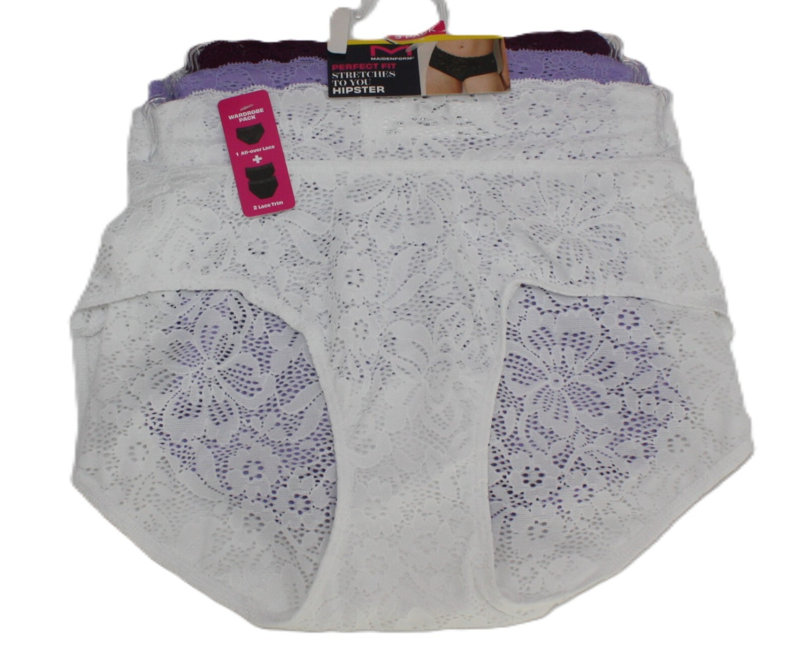 NWT set of 3 MAIDENFORM perfect fit HIPSTER panties LACE WHITE LILAC WINE