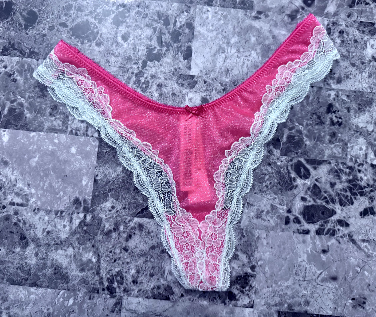 NWT VICTORIA’S SECRET TEASE SHEER PINK SHIMMER GREEN LACE HIGH LEG THONG PANTIES