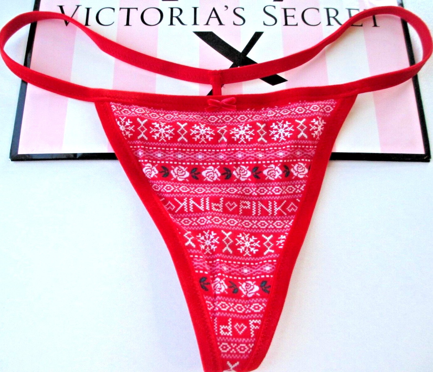 VICTORIA’S SECRET PINK Cotton V-String Thong Panty L Red Fairisle VS Velvet Trim