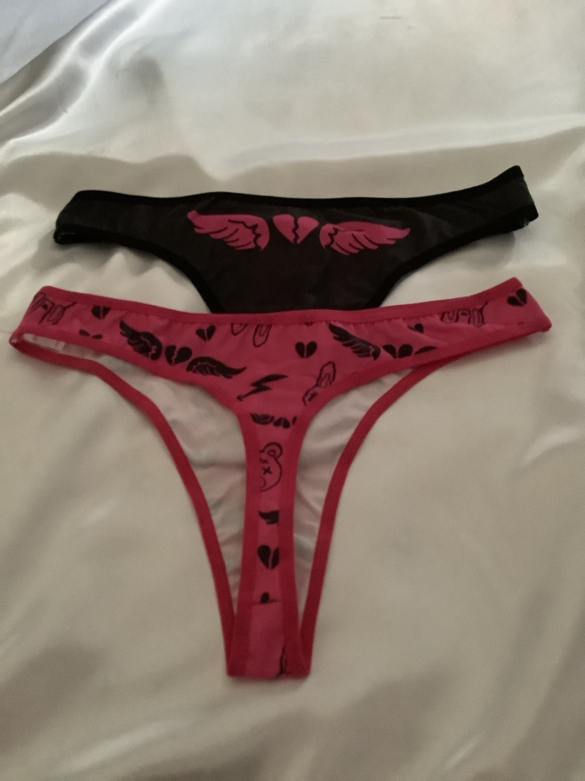 Women’s Anime Bear & Rabbit Heart Wing Pink Black Thong Panties 3PK. (6) Medium