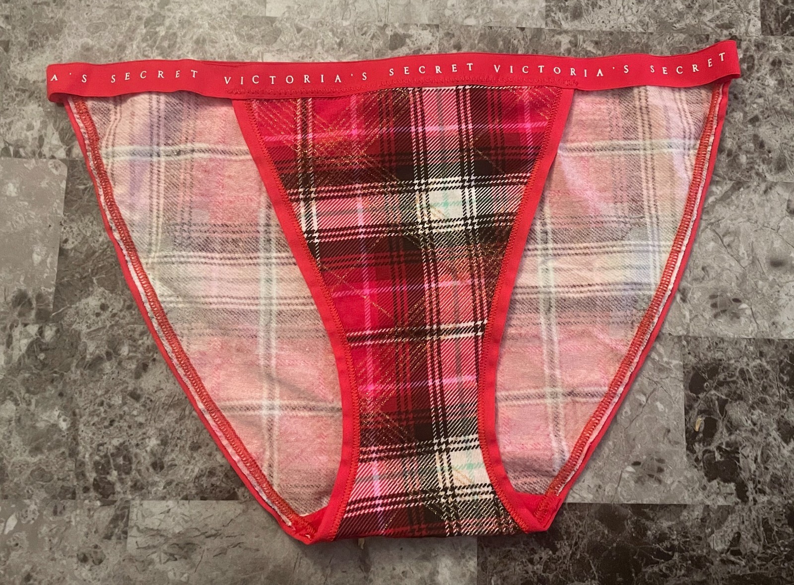 NWT VICTORIA’S SECRET RED GOLD GLITTER PLAID LOGO BAND STRING BIKINI PANTIES
