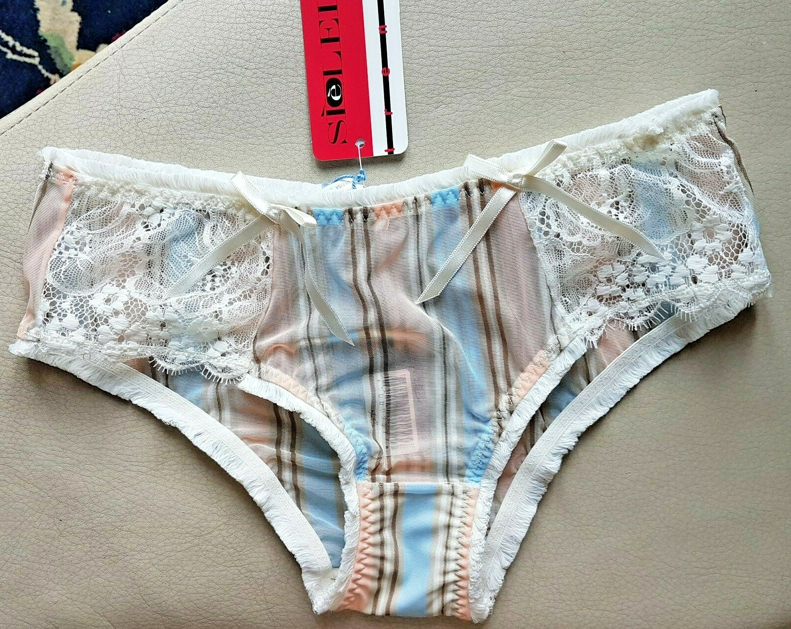 Sielei Striped Mesh/Lace Panels Blue/Brown/Peach/Ivory Culottes Fur Trim S