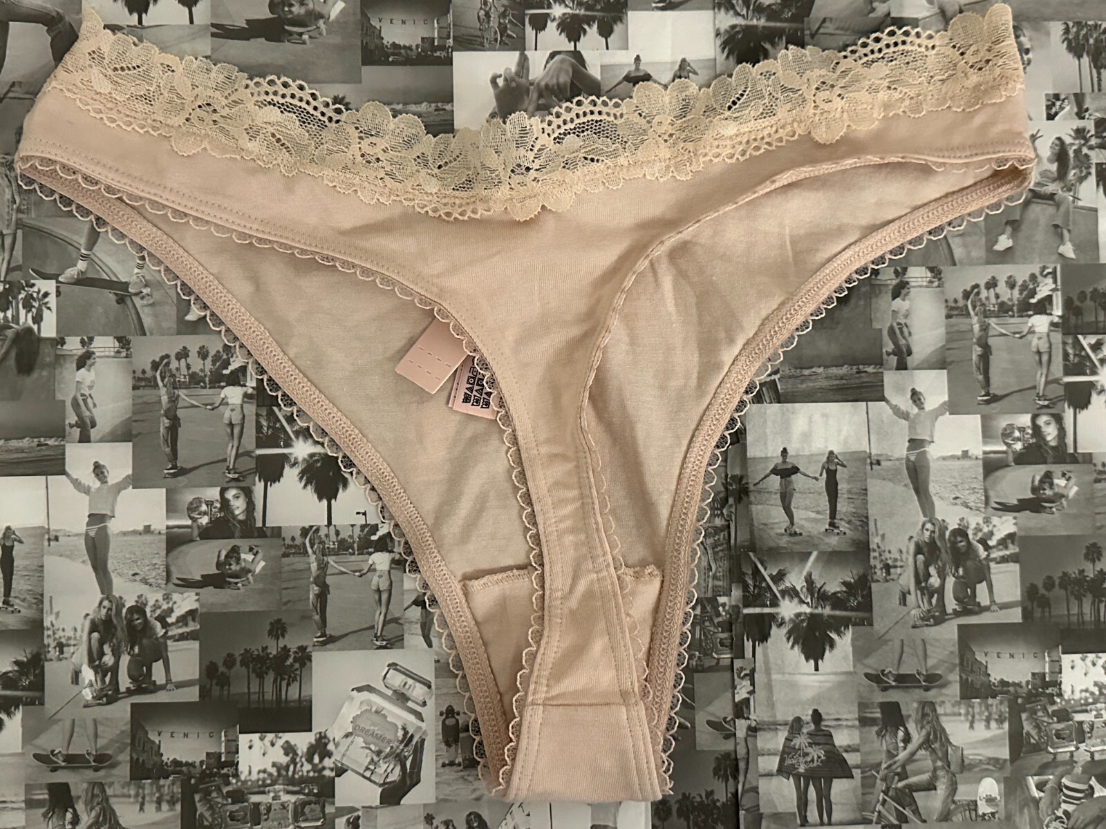 NWT Victoria’s Secret Stretch Cotton Lace-Waist High-Leg Thong Panty Marzipan M