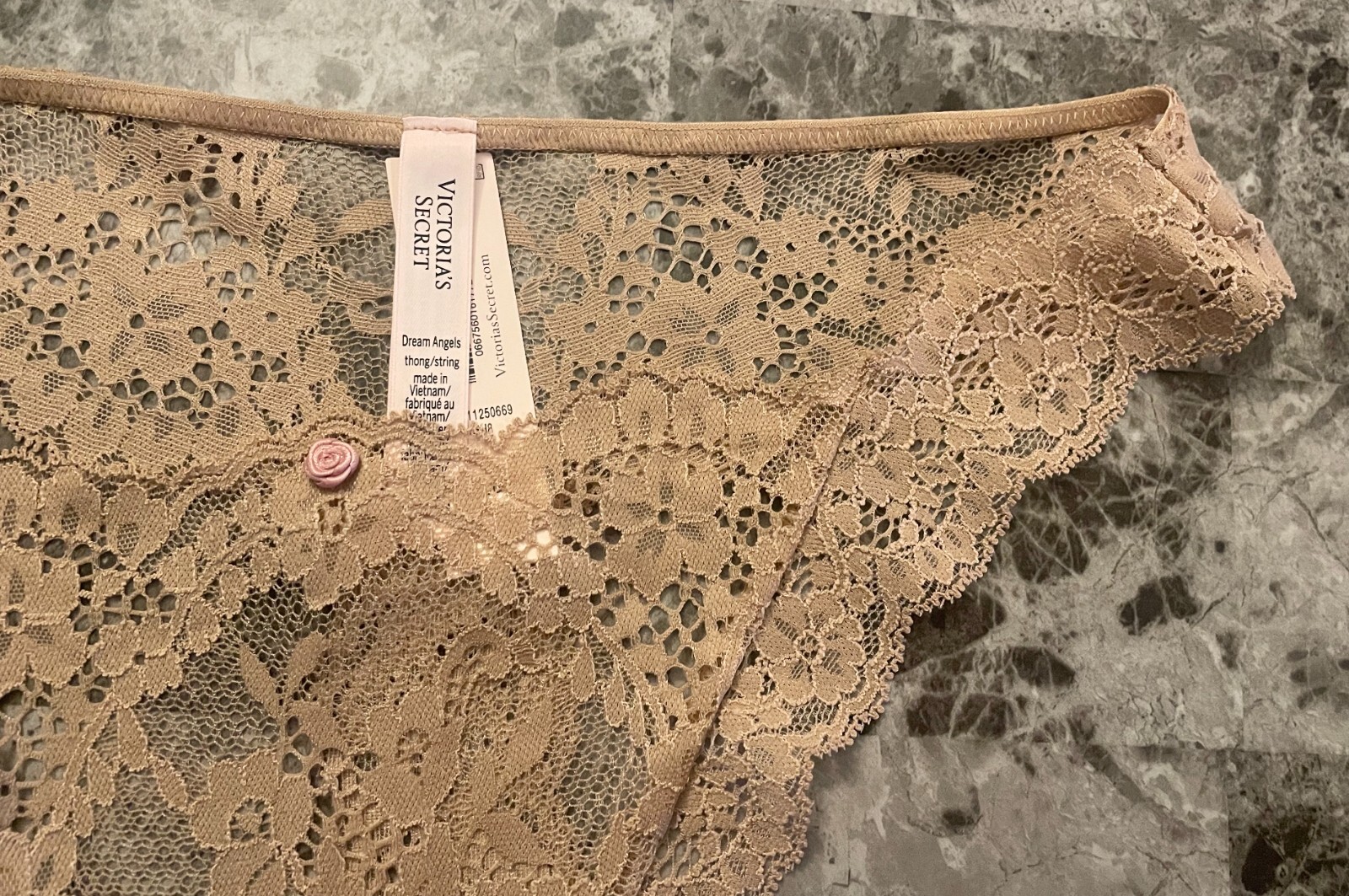 NWT VICTORIA’S SECRET LARGE BEIGE NUDE PINK ROSE FLORAL APPLIQUE THONG PANTIES