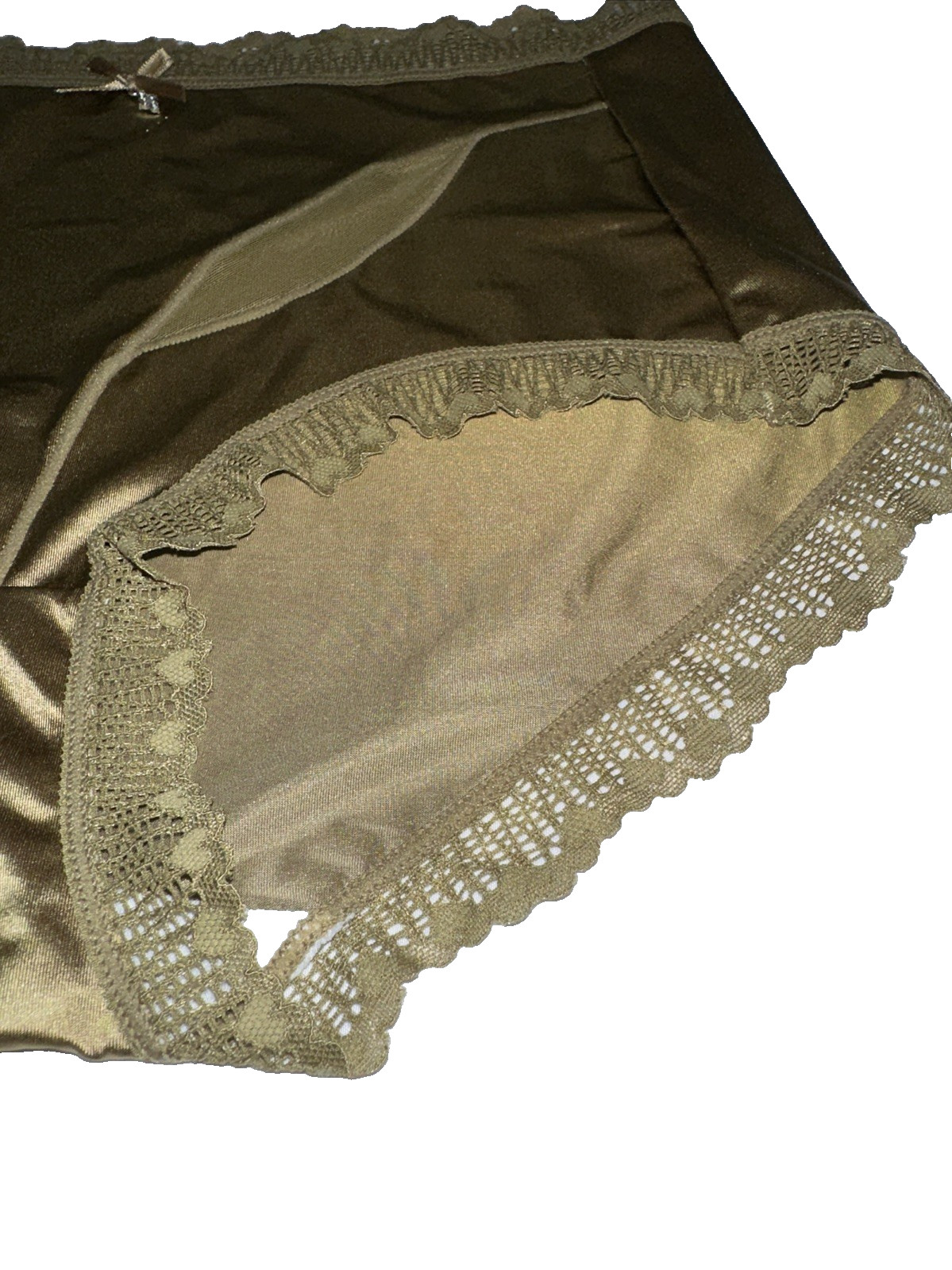 ~Shiny Large Olive with Gem Nylon Lace Blended Panties W/Bow and Gem New Size L