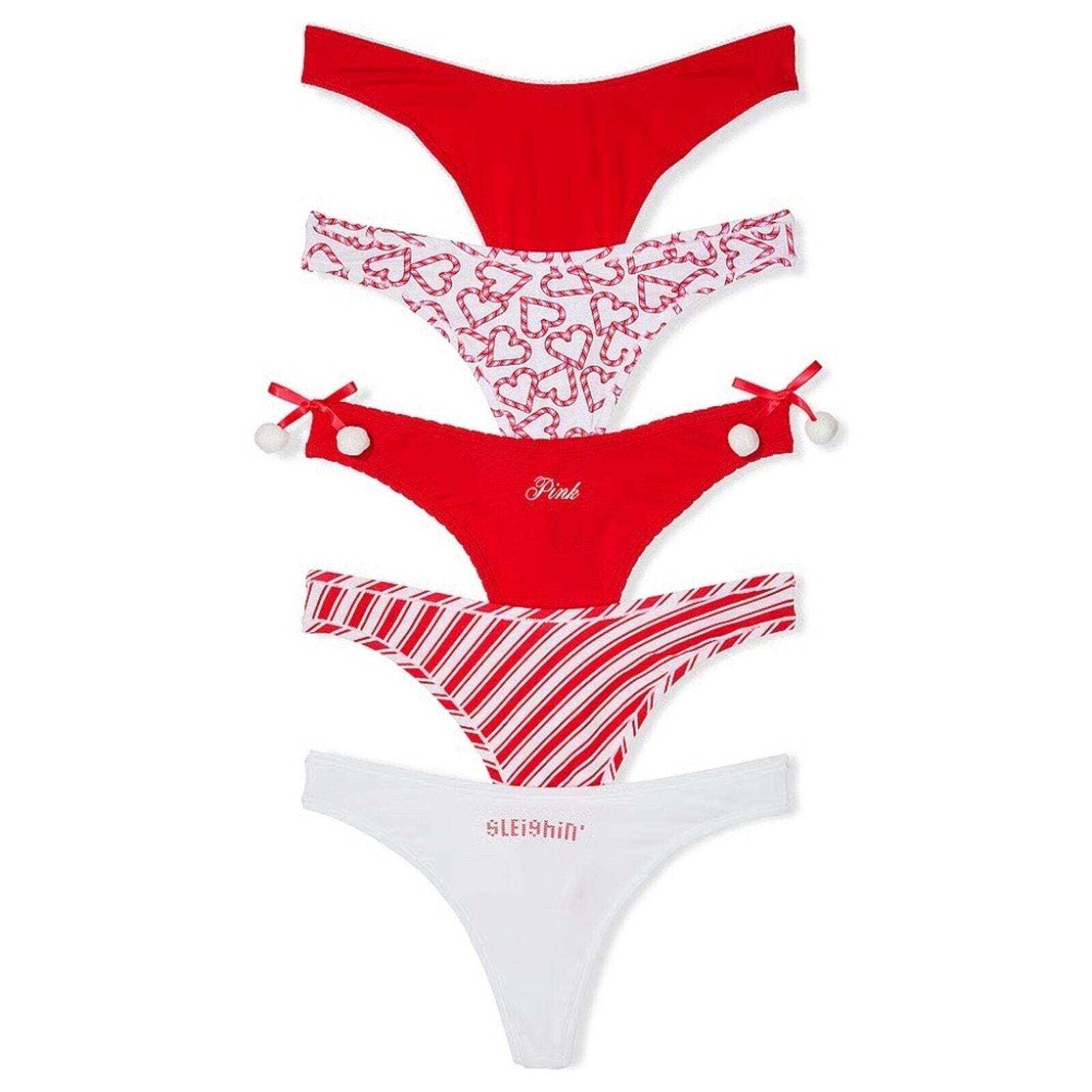 Victoria’s Secret PINK Cotton Thong Panty 5 Pack Holiday Edition Small NEW